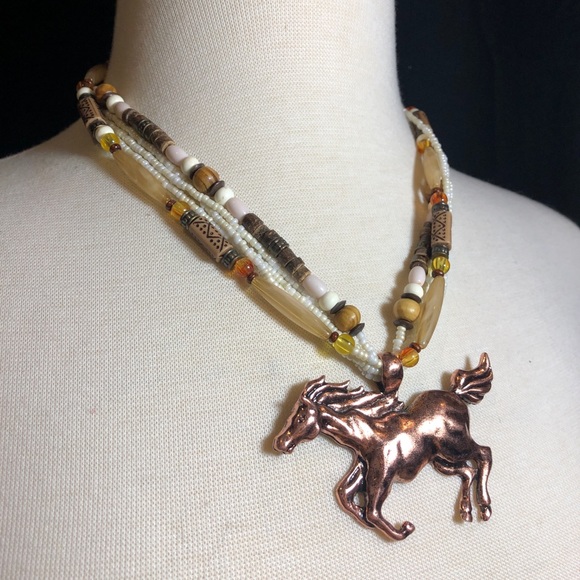 Copper Tone Horse Layered Necklace Earrings Set - Picture 3 of 3
